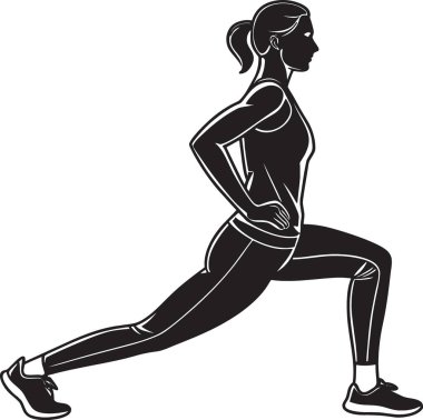 Atletik bir kadının siyah vektör silueti kollarını kaldırarak derin bir hamle yapıyor.