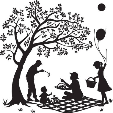 Balonlu ve aktiviteli bir ağacın altında piknik yapan bir ailenin siyah ve beyaz vektör silüeti