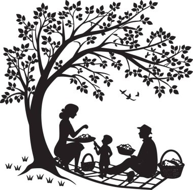 Siyah-beyaz çocuk silueti büyük bir çiçekli ağacın altında piknik yapıyor.