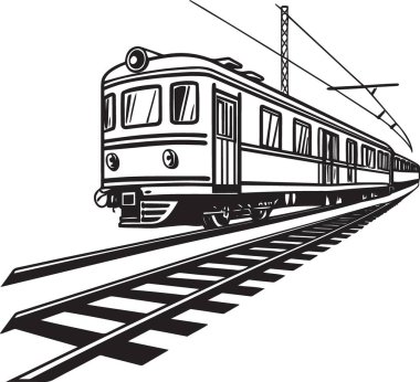 Demiryolu raylarında elektrik hatları olan bir banliyö treninin siyah ve beyaz vektör silueti