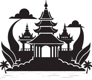 Lotus motifleri ve bulutlarla çevrili bir Asya pavyon tapınağının siyah ve beyaz vektör silueti