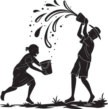 Songkran Thai su festivali sırasında dekoratif sıçrama elementleriyle su döken kadınların siyah ve beyaz vektör silueti