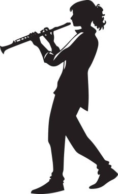 Yürüyüş pozunda flüt çalan genç bir kızın siyah beyaz vektör silueti, müzik eğitimi ve okul bandosu tasarımları için ideal.