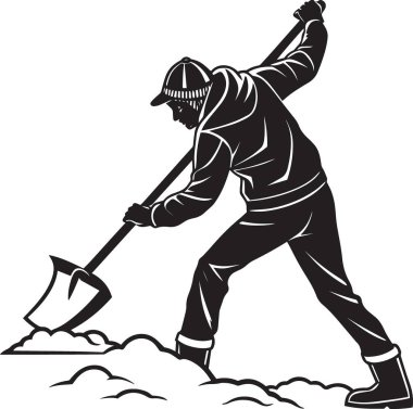 Kar küreyen, kışlık giysiler giyen, kar temizleme ve kış bakım hizmetleri için mükemmel bir insan silueti.