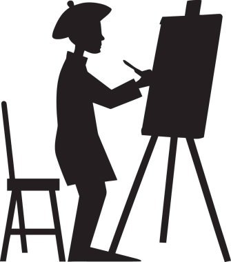 Resim sehpasında resim yapan bir sanatçının siyah beyaz vektör silueti, sanat stüdyosu galerisi ve yaratıcı atölye tasarımları için ideal.