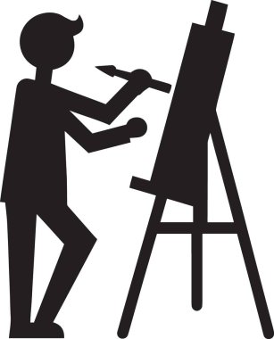 Resim sehpasında resim yapan genç bir çocuğun siyah ve beyaz vektör silueti. Çocuk sanat sınıfı ve yaratıcı eğitim tasarımları için mükemmel.