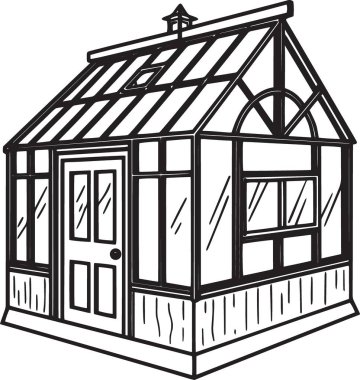 Küçük bir bahçe saksı kulübesinin siyah ve beyaz vektör silueti, cam paneller ve suni çatı, bahçe ve ev dekorasyonu için mükemmel.