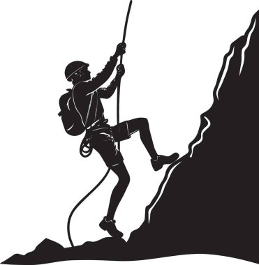 Siyah siluet bir erkek kaya tırmanışçısının beyaz arka planda iple dikey bir uçuruma tırmanması.
