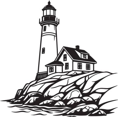 Kayalık sahil kayalıklarında koruyucu evi olan bir deniz fenerinin siyah-beyaz çizimi