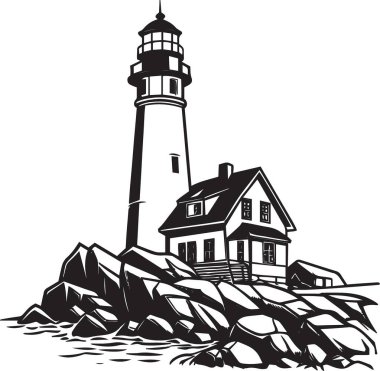Kayalık sahil şeridinde dalgalı bir deniz feneri ve evin siyah beyaz vektör çizimi