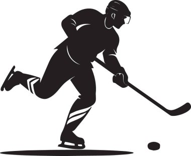Bir buz hokeyi oyuncusunun siyah siluet vektörü beyaz arka planda çubuk ve diskle kayıyor