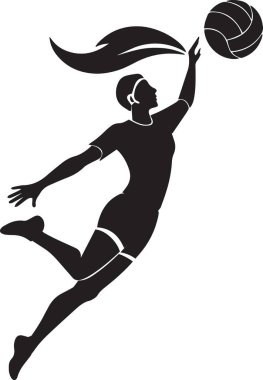 Siyah siluet bir kadın voleybol oyuncusunun beyaz arka planda topu çivilemek için zıplaması