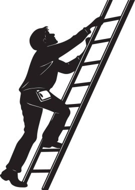 Beyaz arka planda merdivene tırmanan bir işçinin siyah siluet vektörü