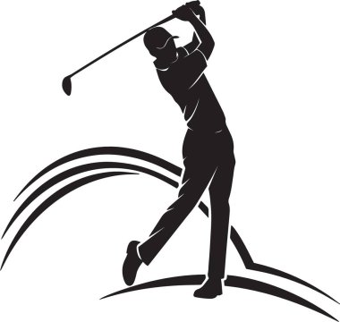 Bir golfçünün siyah siluet vektörü beyaz arkaplanda tam hareket halinde
