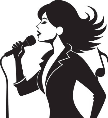 Beyaz arka planda mikrofona şarkı söyleyen bir kadının siyah siluet vektörü