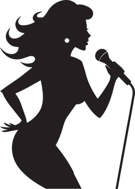 Kadın vokalistin siyah siluet vektörü beyaz arka planda mikrofonla tutkuyla şarkı söylüyor.
