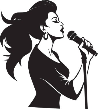 Beyaz arka planda klasik bir mikrofona şarkı söyleyen bir kadının siyah siluet vektör portresi