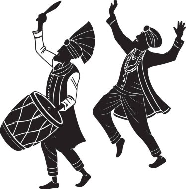 Geleneksel Punjabi davulcusu dhol ve dansçı ile Baisakhi kutlamasının siyah ve beyaz vektör silueti