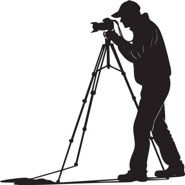 Profesyonel bir fotoğrafçının siyah beyaz vektör silueti. Elinde kamerayla tripoda monte edilmiş.