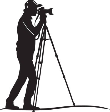 Siyah beyaz vektör silueti. Profesyonel duruş içinde kamerayla fotoğraf çeken bir kadın.