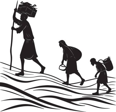 Bir anne ve çocuğun siyah ve beyaz silueti rüzgarlı havada birlikte yürüyor hediyeler ve çantalar taşıyor.