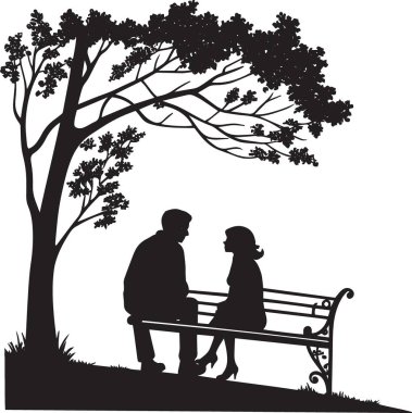 Yaşlı bir çiftin siyah beyaz vektör silueti bir ağacın altındaki bankta yan yana oturuyor.
