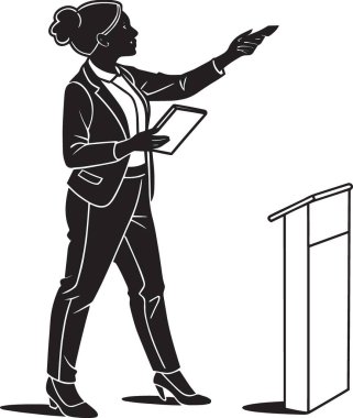Profesyonel bir kadının siyah ve beyaz vektör silueti podyum kürsüsünde belgeyle sunum ve konuşma yapıyor.