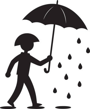 Siyah beyaz vektör silueti yağmur damlalarıyla yağmurda duran şemsiyeli küçük bir çocuk.