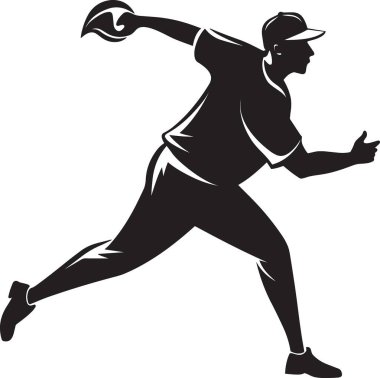 Siyah ve beyaz bir beysbol atıcısının silüeti dinamik fırlatma hareketinde kep ve üniformalı