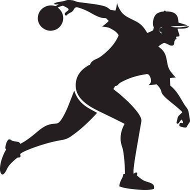 Pist ve saha etkinliği sırasında dönen serbest bırakma hareketinde bir disk atıcının siyah ve beyaz vektör silueti