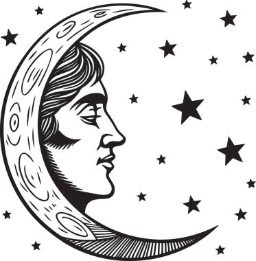 Dekoratif hilal şeklindeki bir ayın siyah ve beyaz vektör silueti. Yıldızlarla çevrili insan yüzü profili.