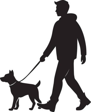 İki adamın siyah ve beyaz vektör silueti köpeklerini yan yana gezdiriyor.