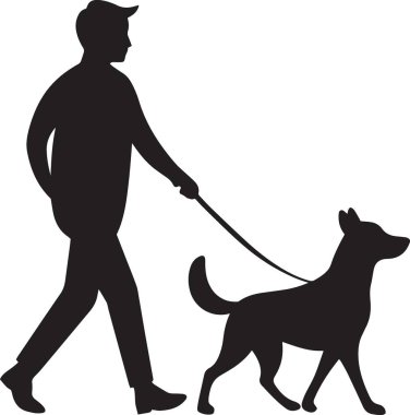 Siyah-beyaz bir insan silueti. Tasmalı küçük bir köpek gezdiriyor.