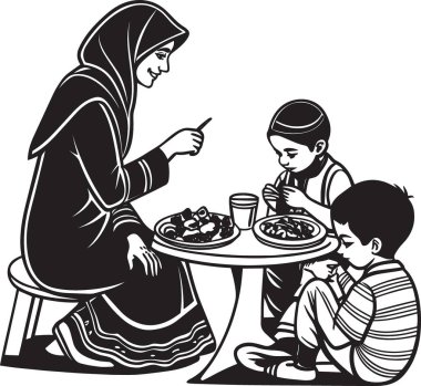 Müslüman bir kadının yemek ve içeceklerle dolu bir masada çocuğuyla tesettüre girmesinin siyah ve beyaz bir silüeti.