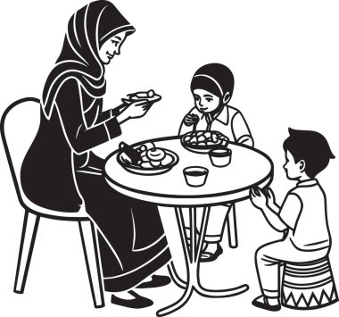 Başörtüsü takmış bir anne ve kızın siyah ve beyaz vektör silueti geleneksel yemeklerle aynı masada oturuyor.