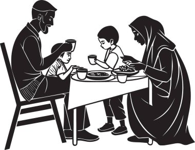 Müslüman bir ailenin siyah ve beyaz vektör silueti Ramazan boyunca anne ve çocuklarla birlikte iftar yemeği yiyor.