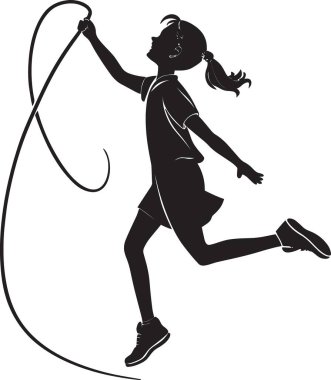 Siyah ve beyaz vektör silueti, hareketli saçlarla koşan ve ip atlayan bir kız.