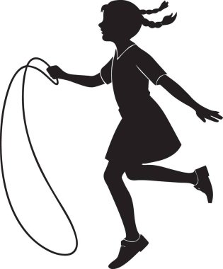 Siyah ve beyaz vektör silueti atlayan ve atlayan genç bir kızın at kuyruğuyla eğlenceli bir hareketle