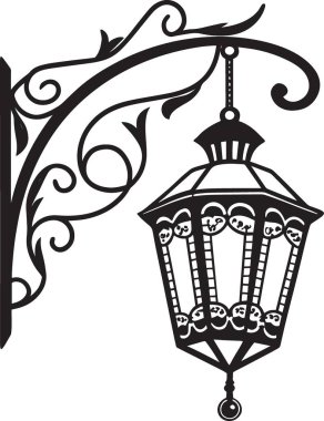 Süslü klasik sokak lambasının dekoratif kaydırmalı ve kubbeli siyah beyaz vektörü