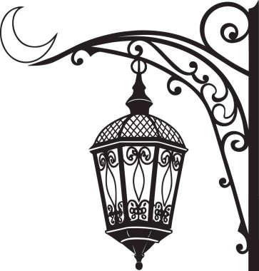 Dekoratif duvar destekli fener siyah ve beyaz vektör. Özenle hazırlanmış parantez ve hilal aksanı var.