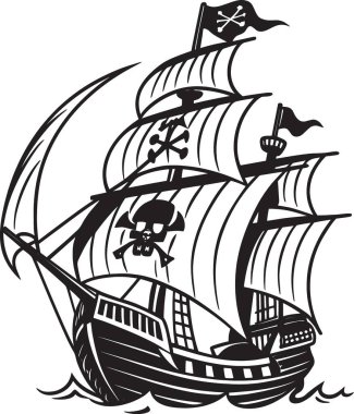 Birçok yelkenli ve yelkenli büyük korsan kalyonu yelkenli gemisinin siyah ve beyaz vektörü