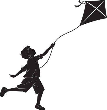 Siyah ve beyaz çocuk silueti açık havada bir uçurtma uçuruyor.
