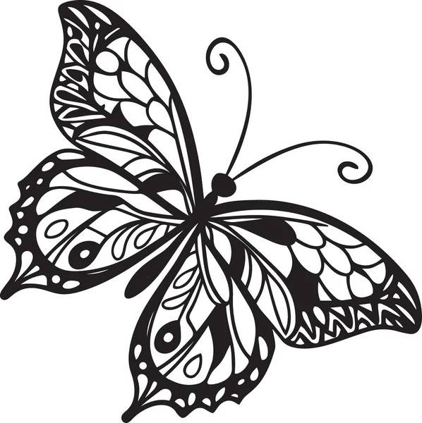 Karmaşık siyah-beyaz bir kelebek silueti ve süslü kanat tasarımları.