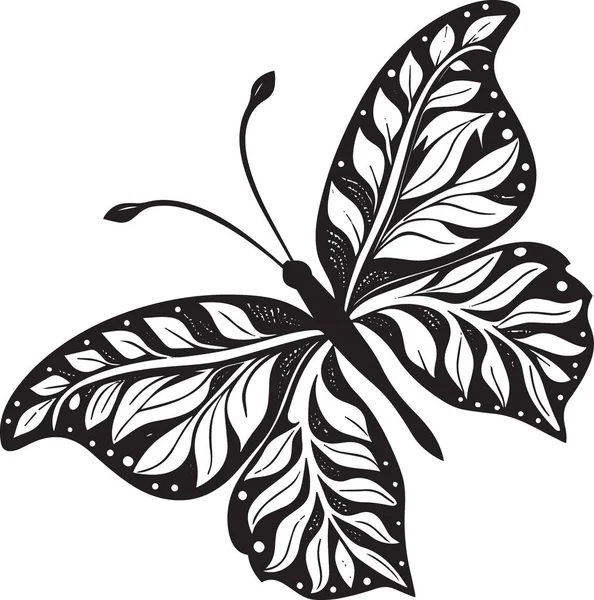 Süslü yapraklardan ve çiçek desenlerinden kanatları olan bir kelebeğin siyah ve beyaz çizimi