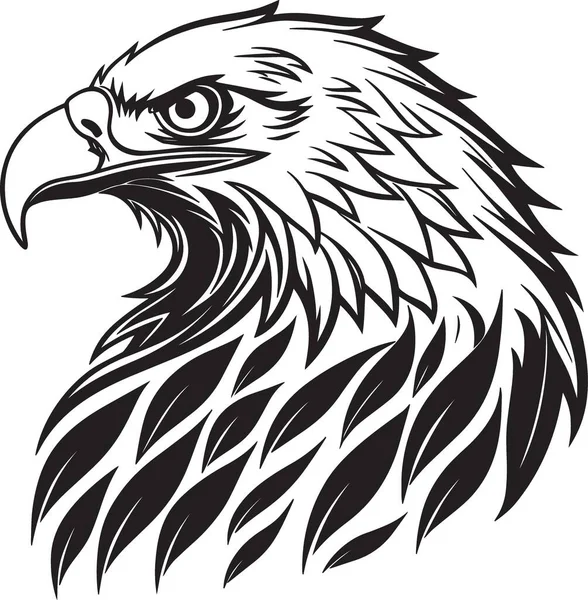 Görkemli bir kartal kafasının siyah ve beyaz vektör silueti ayrıntılı katmanlı tüyleri ve delici gözleriyle