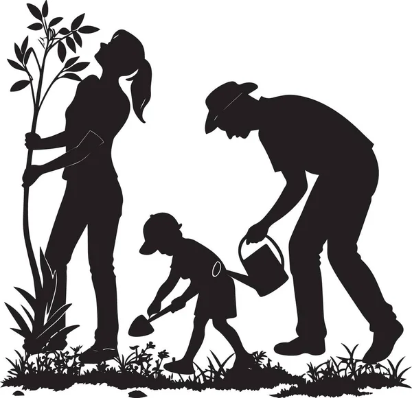 Bir anne ve çocuğun bahçedeki bitkileri sulayan siyah siluet vektörü, ebeveynlik ve bahçe tasarımı için mükemmel.