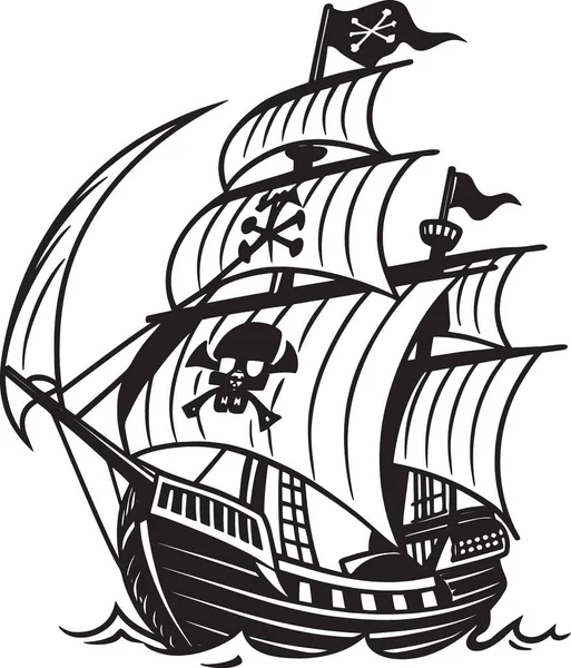 Birçok yelkenli ve yelkenli büyük korsan kalyonu yelkenli gemisinin siyah ve beyaz vektörü