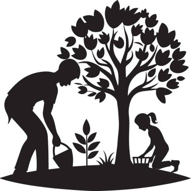 Ağaç dikme günü için ağaç diken insanların siyah ve beyaz vektör silueti