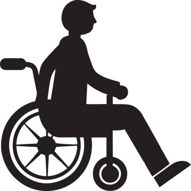 Tekerlekli sandalyede oturan kişinin siyah beyaz vektör silueti erişilebilirlik sembolü
