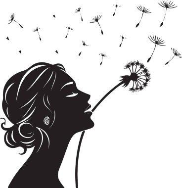 Kara ve beyaz kadın silueti rüzgarda karahindiba tohumları saçıyor.